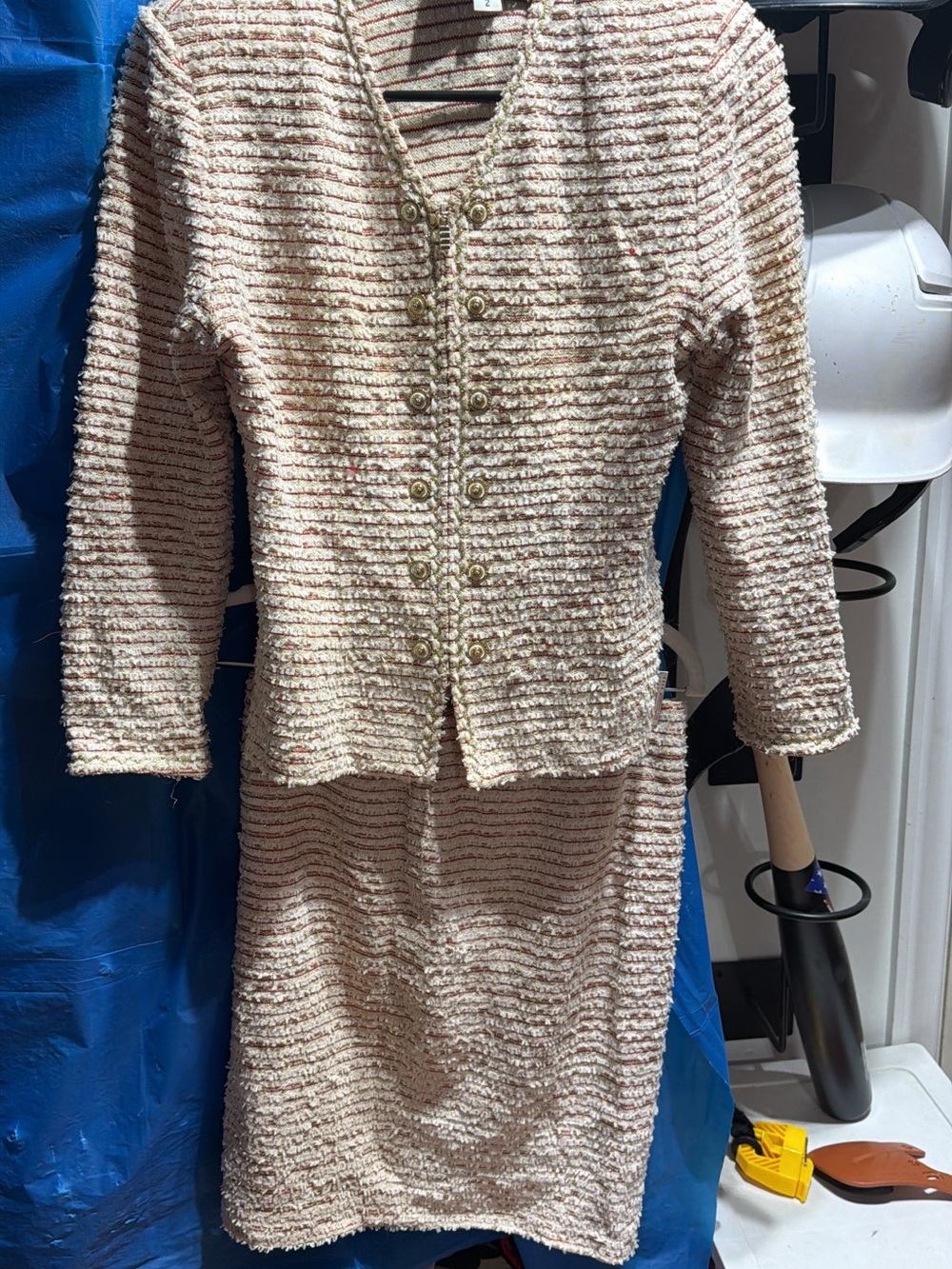 St. John Cream Ivory Textured Tweed Two-Piece Dress and Jacket